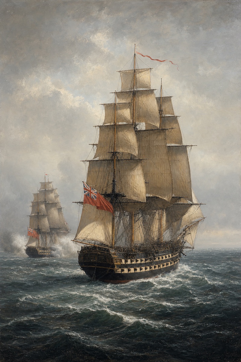 Historical sailing frigates at sea